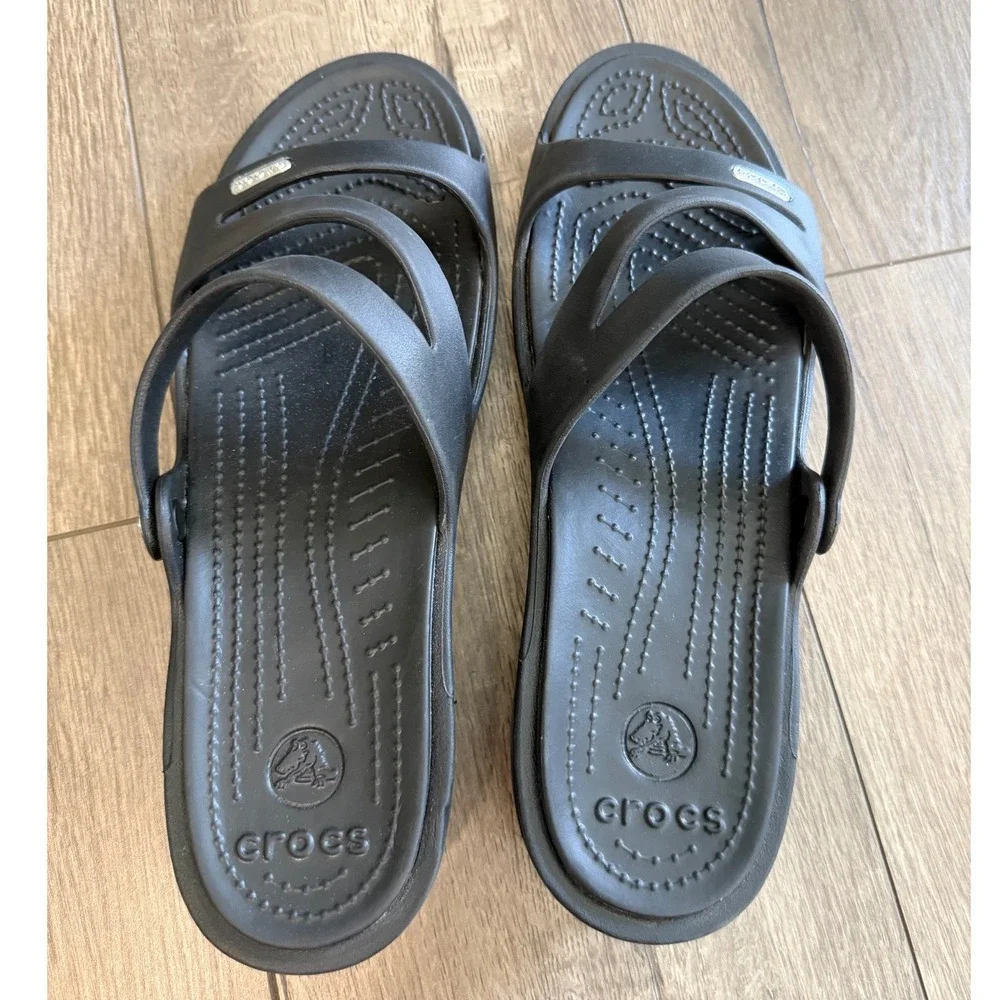 Crocs Patricia Wedge Sandals Womens Size 11 Black Strappy Comfort Shoes